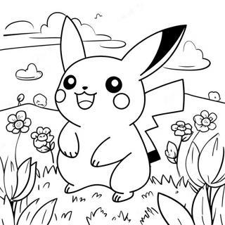 Halaman Mewarna Pikachu Gembira Di Ladang Bunga 2258-2554