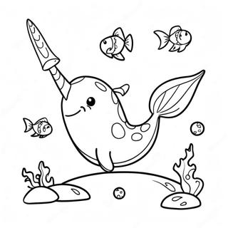Halaman Mewarna Narwhal Ceria Dengan Ikan 34260-7486