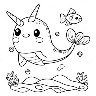 Halaman Mewarna Narwhal Ceria Dengan Ikan 34260-7487