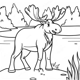 Moose Realistik Berdiri Di Tepi Tasik Halaman Mewarna 63433-14064